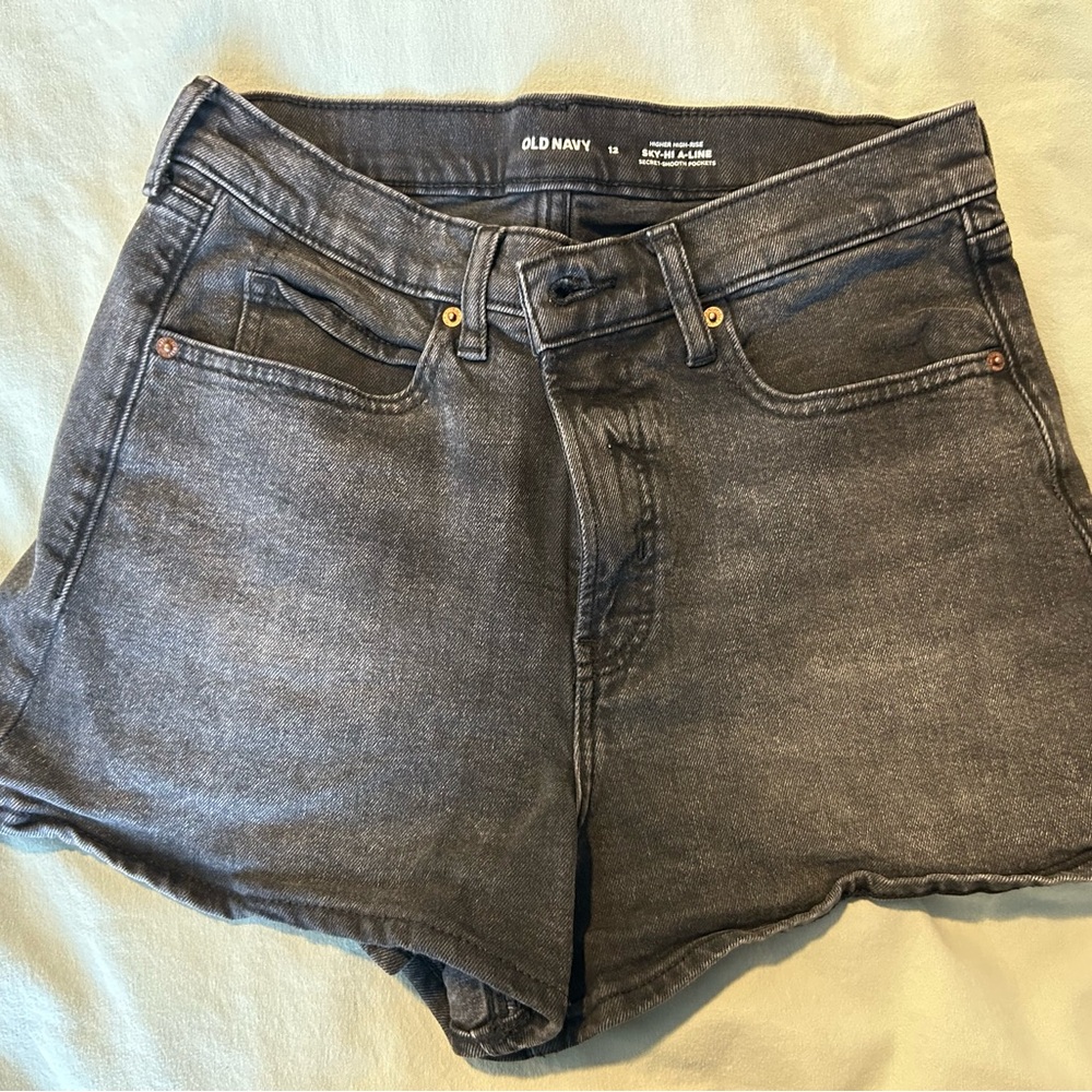 Black high rise sky-hi a-line denim short